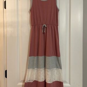 Girls' Dusty Rose Sleeveless Maxi Dress with Lace Trim size 10